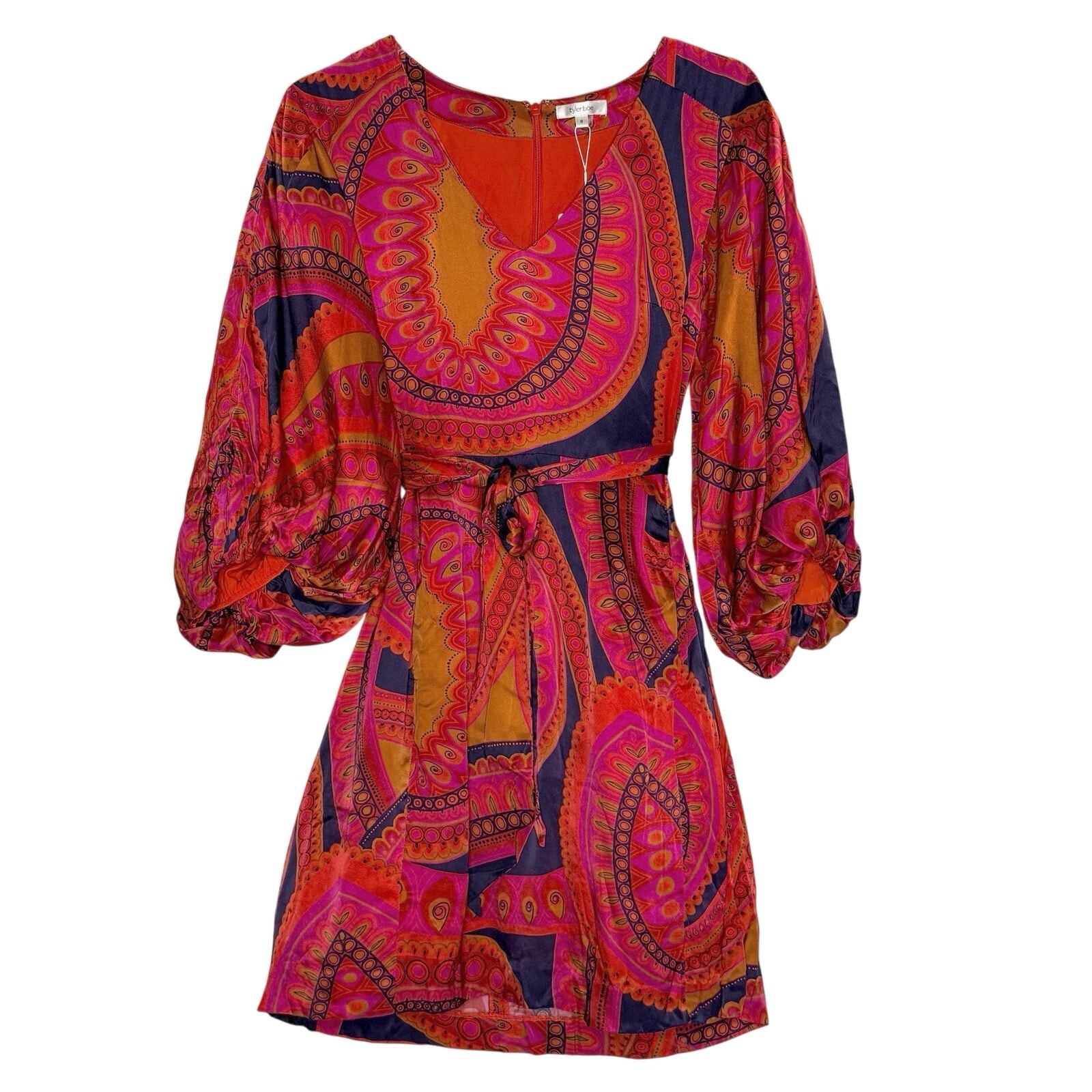Tyler Be 100% Silk Pink Red Printed Dress 8 New Pink Red V Neck Puff Sleeve